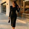 Huaqianguhh Vestito Midi Bodycon da Donna per Feste Cocktail, Manica Lunga Fiore 3D Pieghettato Abito Formale da Ospite di Matrimonio da Sera