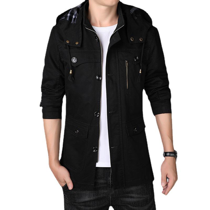 Men's Mid-Length Hooded Jacket - 100% Cotton, Casual Spring/Autumn Trench Coat