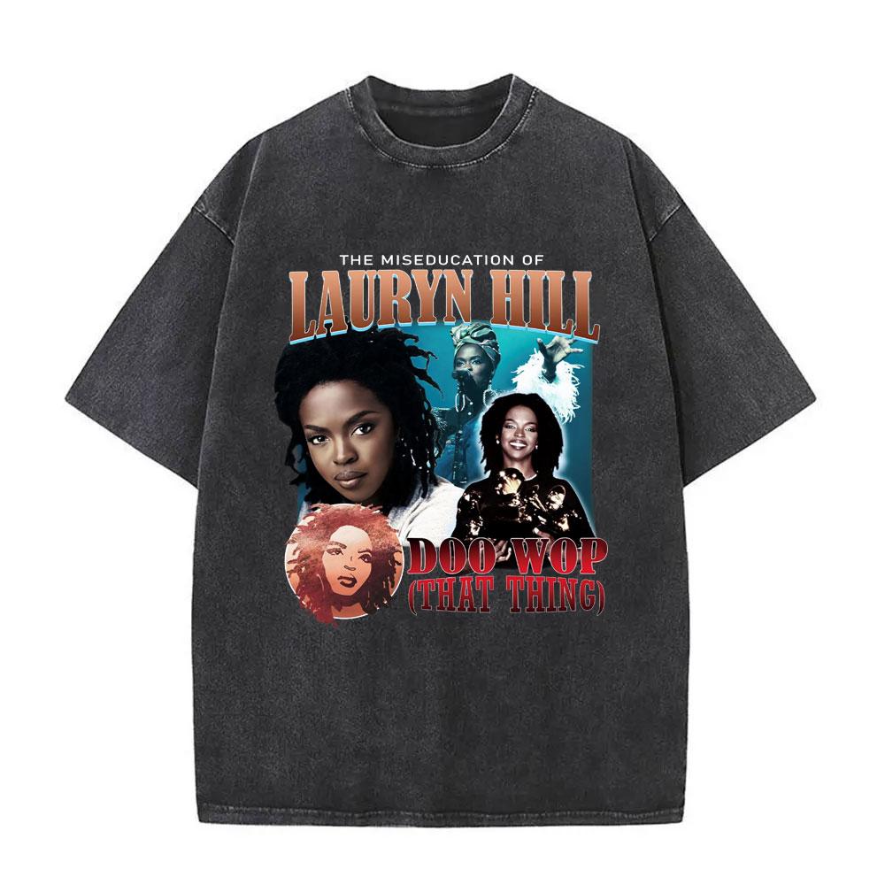 Washed Vintage Singer Lauryn Hill Graphic Print Tshirt Men Women Clothing Hip Hop Fashion Street Oversized Crewneck Tee Shirts