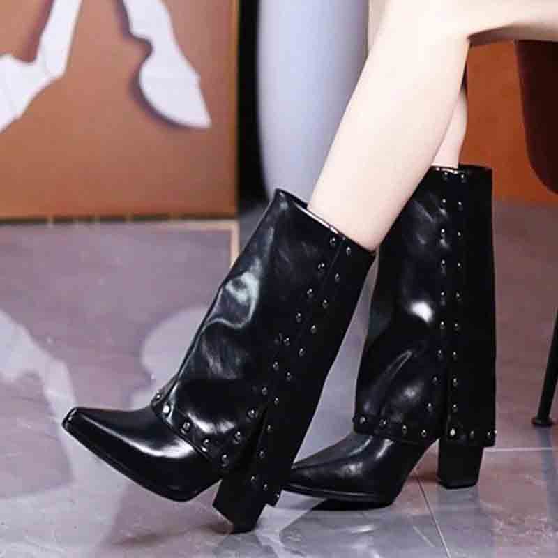 Botas de Salto Alto Sexy Femininas Sapatos Elegantes de Bico Fino Meio da Panturrilha Botas de Moda em Couro Scarpins Nova Tendência de Vestido Mujer Botas