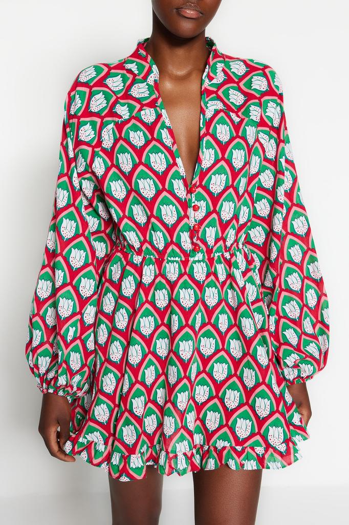 Women's Dress New Season Fashion Geometric Patterned Mini Woven Balloon Sleeve 100% Cotton Beach Dress