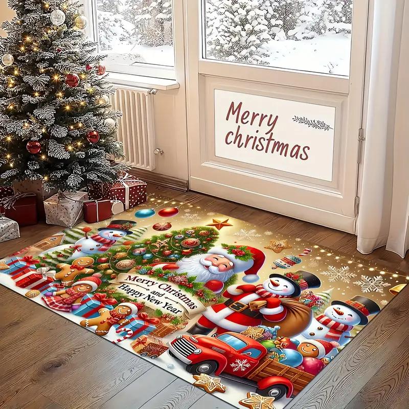 

Santa Snowman And Reindeer Design Machine Washable Flannel Floor Mat For Living Room Hallway Bathroom Christmas Decor Rug 60X90CM(2X5.3FT