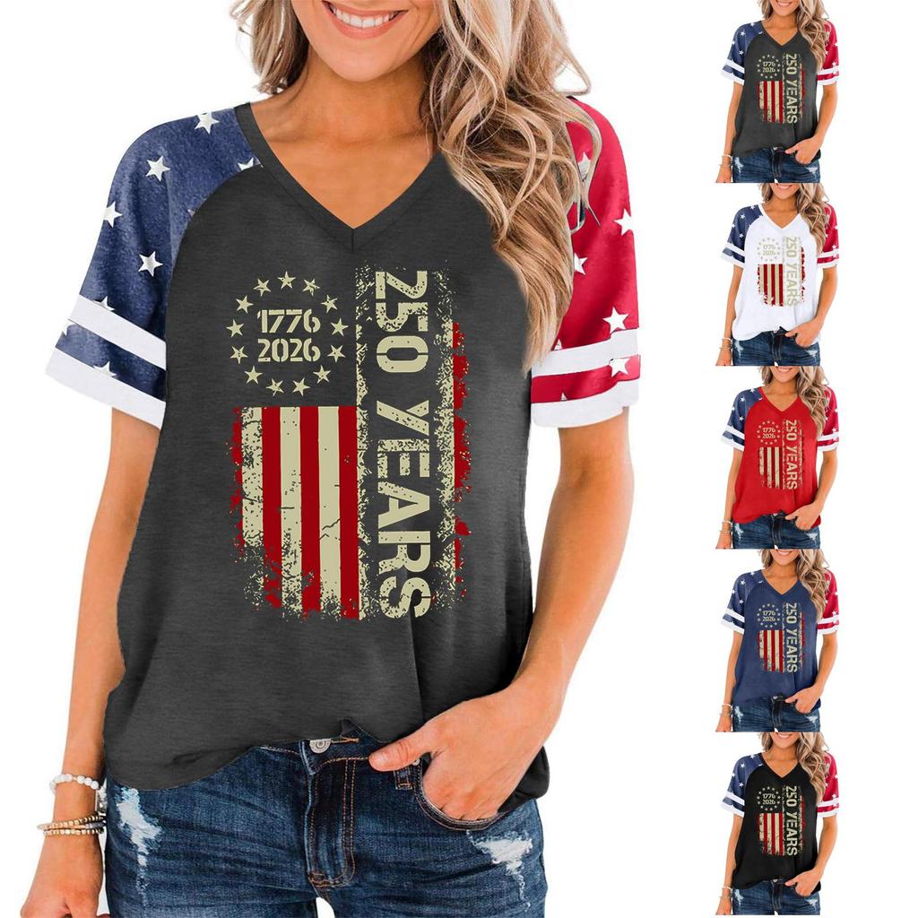 Women's Casual V-Neck Short Sleeve T-Shirt with Independence Day Print