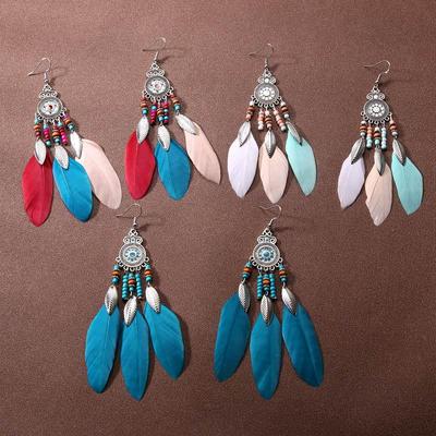 Bohemian Blue Feather Tassel Earrings for Women
