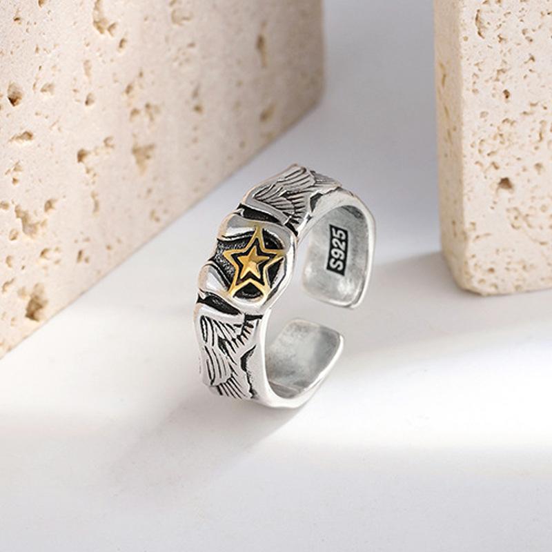 New Arrival Retro Eagle's Wings Star Design Thai Silver Men Hip Hop Punk Party Ring Jewelry for Male Christmas Gifts No Fade