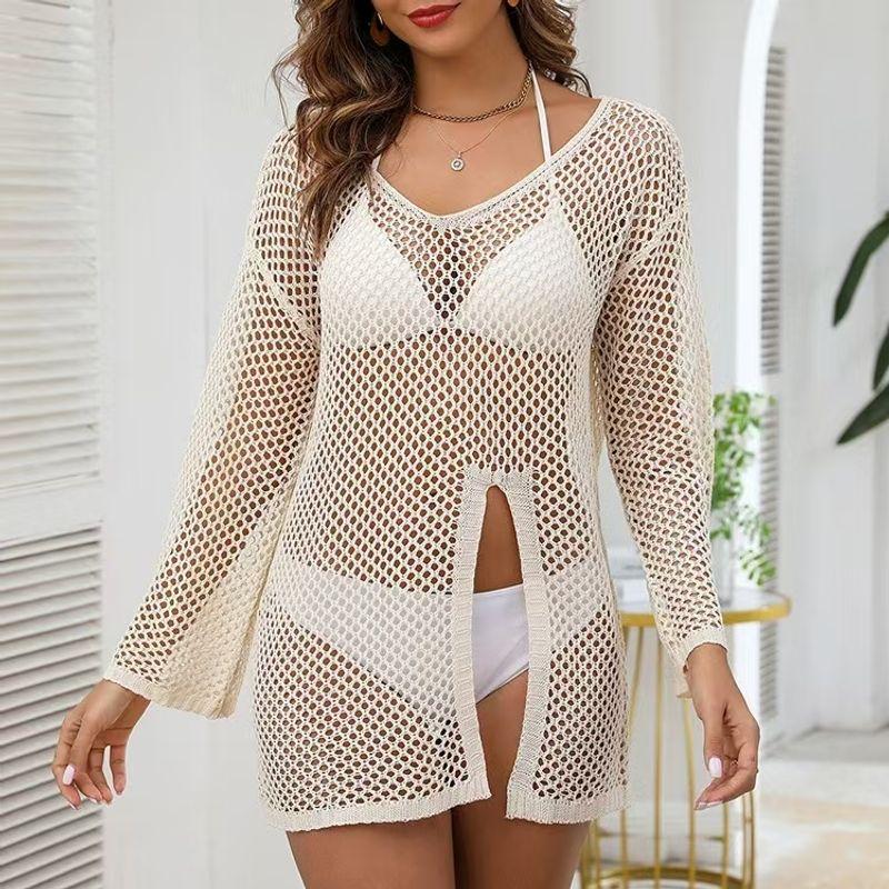European and American Sexy Hollow Knitted Cover up Long sleeve dress Sexy Hollow Loose Beach Skirt