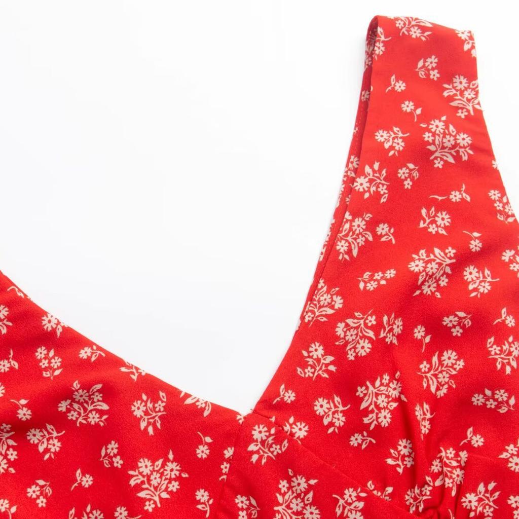 French Romantic Retro Print Deep V-neck Sexy Dress Women's Fashion Casual Vacation Vest Floral Long Skirt