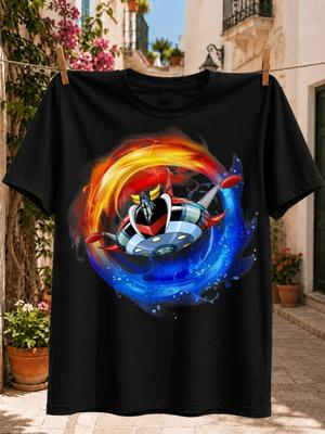 Anime Giant Robot In Fire And Water Swirl Graphic Futuristic Mecha Spaceship Art In Vivid Blue Red  Unisex All Tshirt