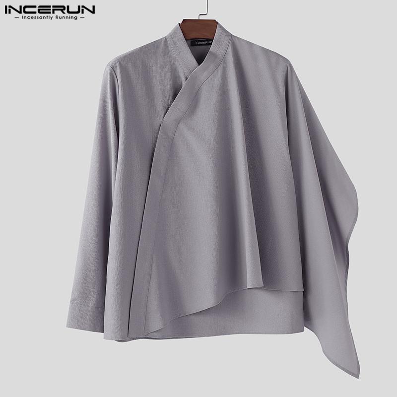 INCERUN Men Long Sleeve Ruffled Layers Patchwork Casual Cape Shirts