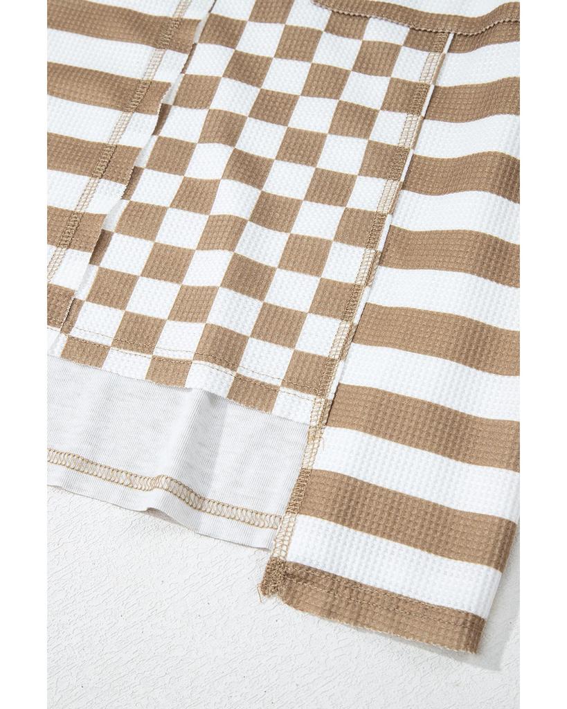 Azura Exchange Khaki Checkerboard Striped Patchwork Lantern Sleeve Pocketed Blouse