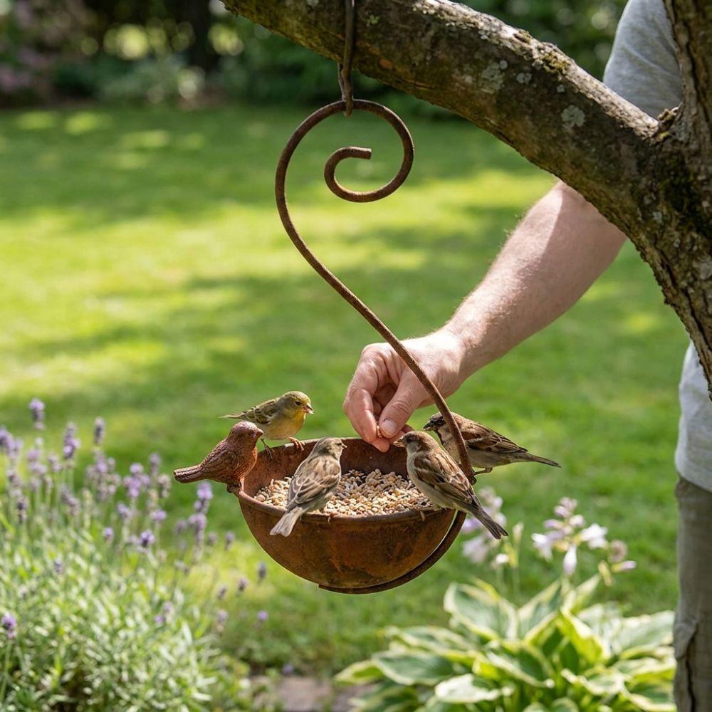 Large Capacity Hanging Bird Bath Feeder Rusty Metal Bird Water Drinker Animals Drinking Cup Garden