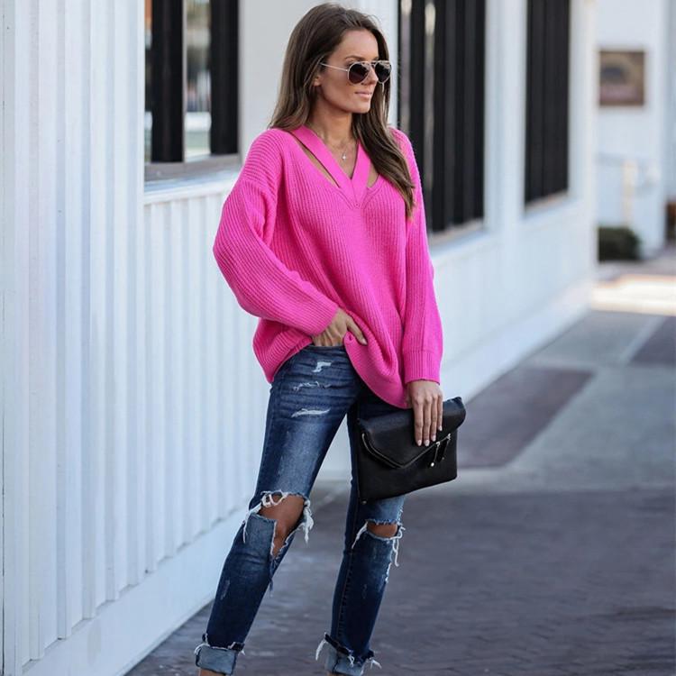 Autumn Winter Solid Colour Knit Pullover Loose Fit Plus Size Elegant Commuter Double V Neck Sweater for Women Luxurious Relaxed Versatile Top