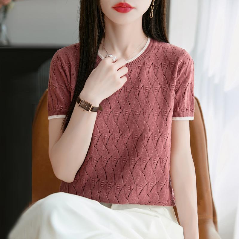 Pure Cotton Round Neck Short-sleeved T-shirt for Women with Versatile Summer New Base Color-blocking Top for Women Hollow