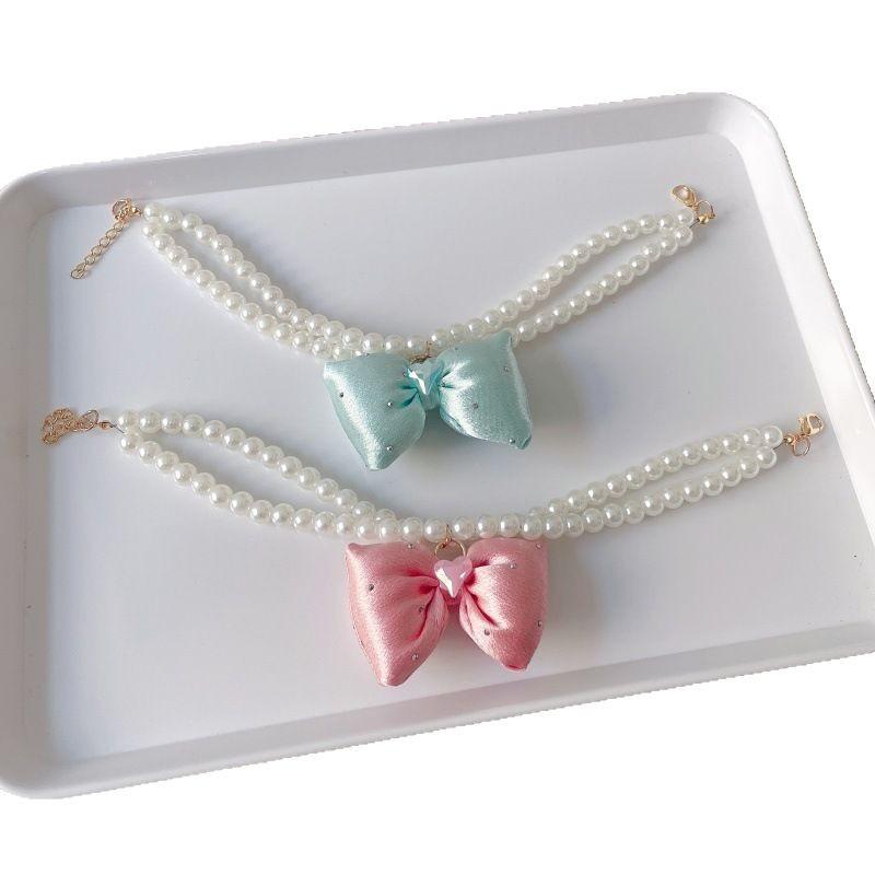 Bright Satin Bow Imitation Pearl Double Necklace Pet Dressing‑Up Accessory For Cat Dog Birthday Gift