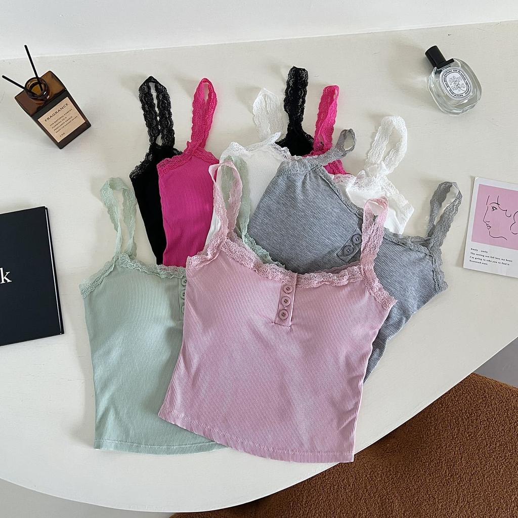Camiseta sin mangas acanalada de encaje, Tops cortos con cuello Halter para mujer, camisola con botones, camisola con espalda al aire, chaleco recortado sin mangas de tubo de punto a la moda para mujer