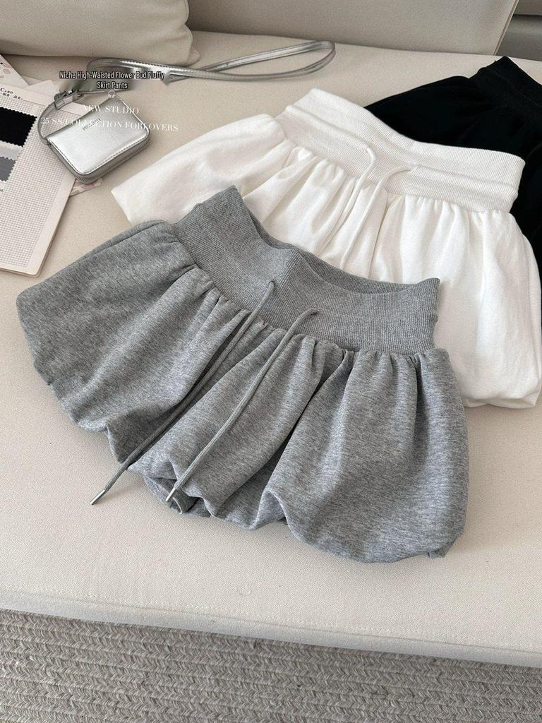 2025 Women's White Floral Elastic Mid-Waist A-line Skort - Casual Summer Half Skirt