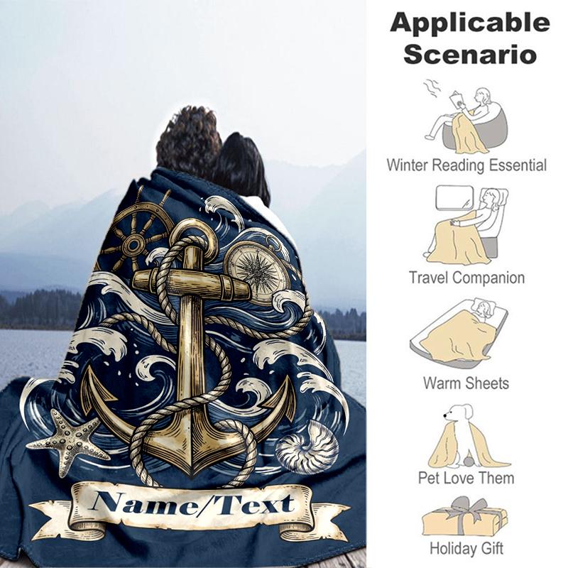 1PC Custom Name Nautical Anchor Tattoo Outdooor Flannel Blankets Throw Blanket All-Season Throw Gift Bedspread for Couch, Bed, Camping Holiday Birthda
