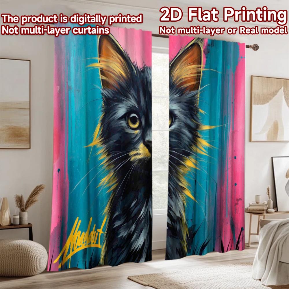 2D flat printing 2pcs Curtain Black Cat Gold Chain Digital Printed Polyester Drapes Festive Holiday for Indoor Celebrations Room