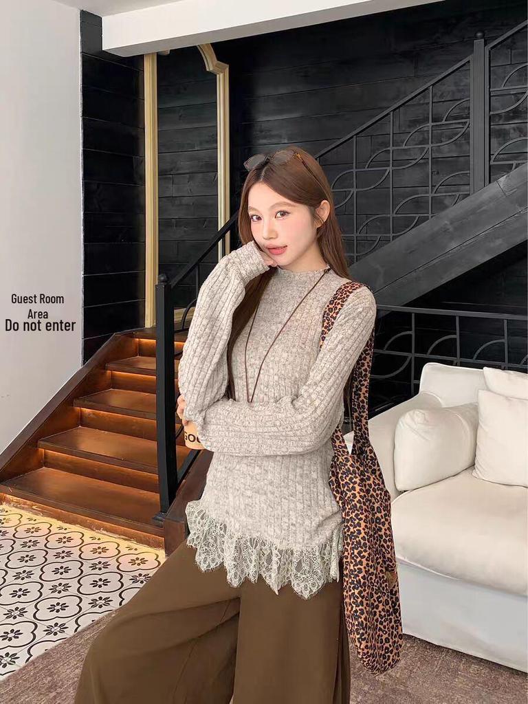Ye Yuan Women's Korean Lace Hem Long Sleeve T-Shirt - Autumn/Winter Half-High Collar Slim Fit Base Layer