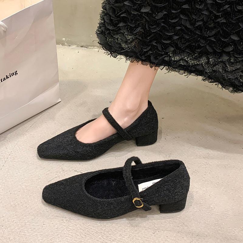Fashion Women's Thick Heel Cotton Shoes Winter New Square Head Shallow Mouth Suede One Word Buckle Non-slip Low-top Shoes