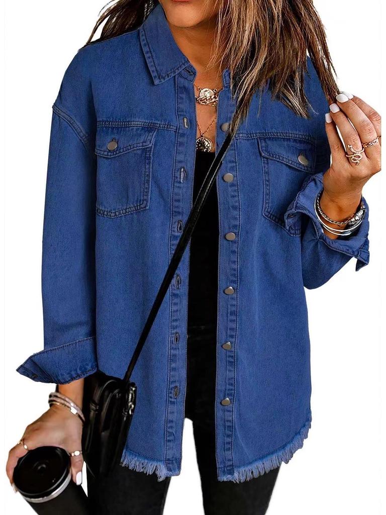 Women's Cross-Border Washed Denim Shirt Jacket - European & American Autumn/Winter Street Style with Frayed Hem