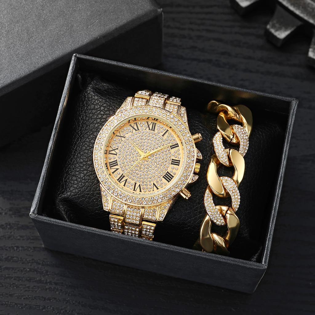Full diamond Roman literal steel strap watch temperament business quartz watch hip hop style full diamond bracelet set men and w