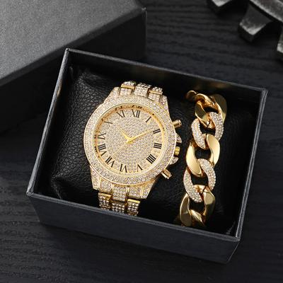 Full Diamond Roman Literal Steel Strap Watch Temperament Business Quartz Watch Hip Hop Style Full Diamond Bracelet Set Men and W