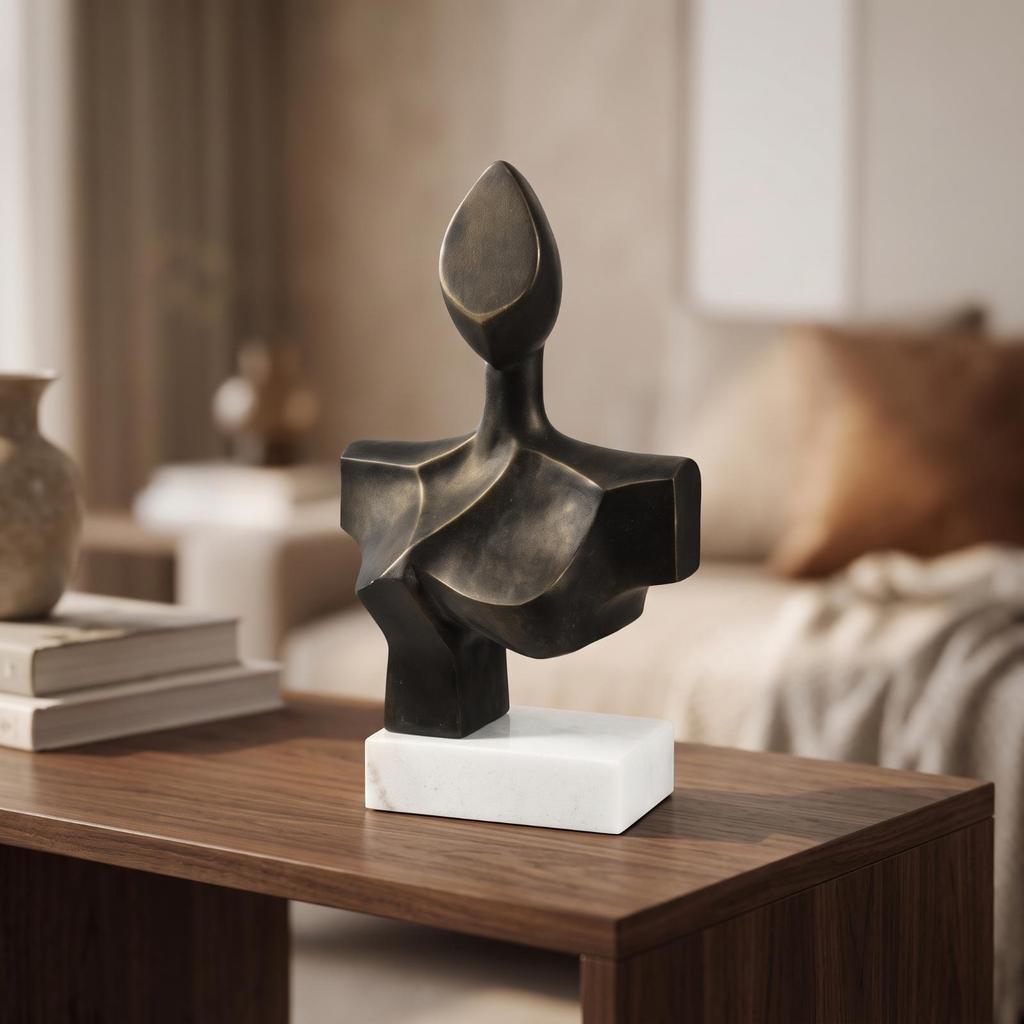 Torso Sculpture with Marble Base Modern Decorative Object Antiqued for Bookshelf