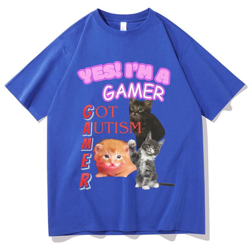 2025Summer Yes Funny Cat T-shirt I Am Autistic Gamer Women's Hip Hop Streetwear T-shirt Graphic 100% Pure Cotton Printed T-shirt