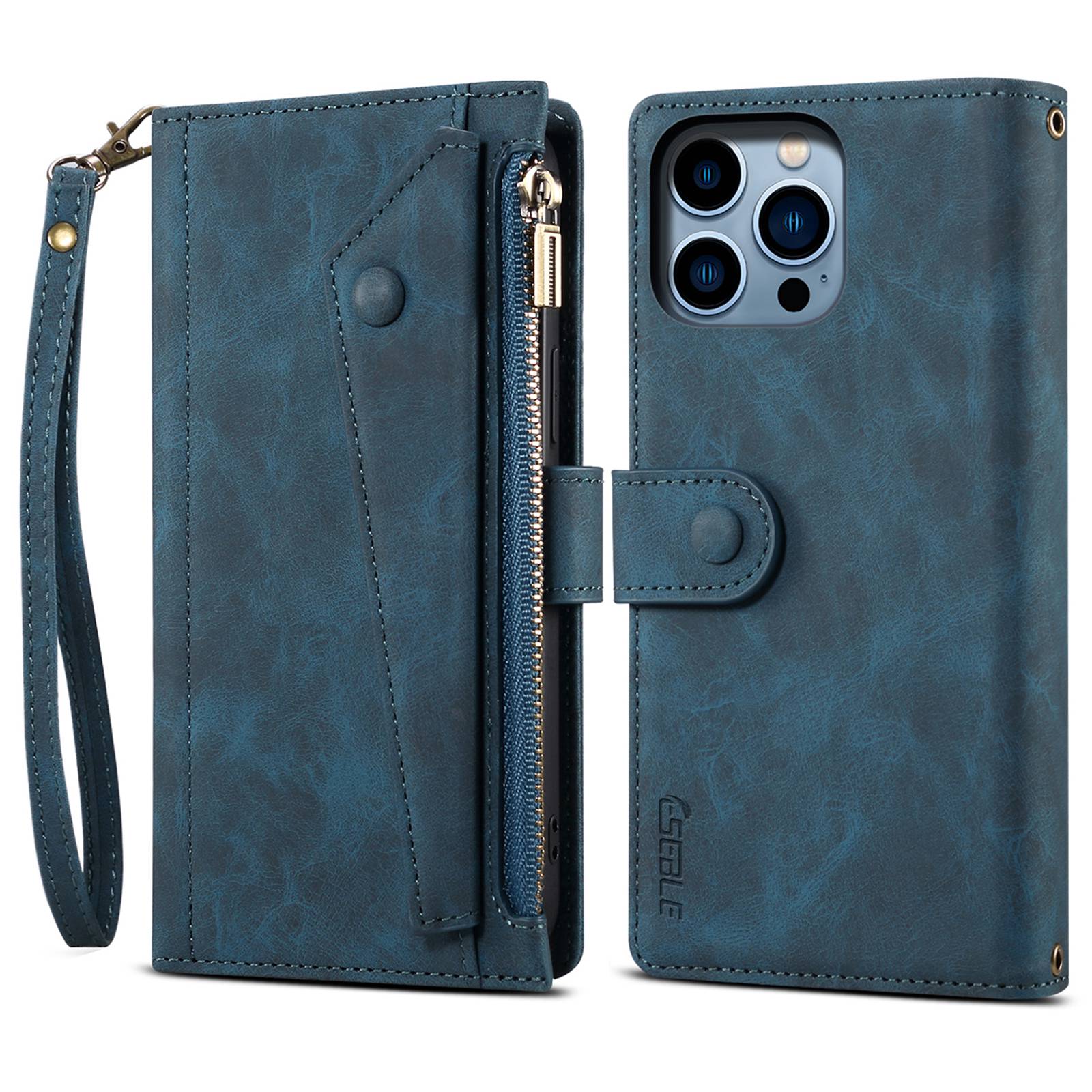 

ESEBLE Star Series For iPhone 16 Pro Max Case Zipper Wallet Anti-Drop PU Leather Phone Cover Blue