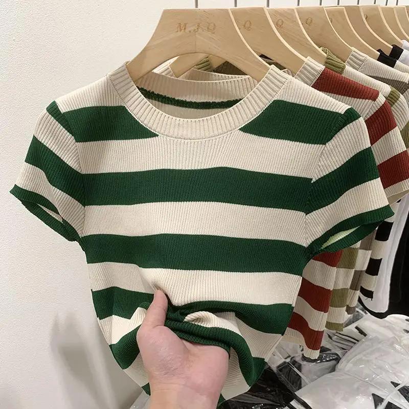 Fashion Women Short Striped Bottoming T-shirt Summer New Casual Short Sleeve Knitted Tops