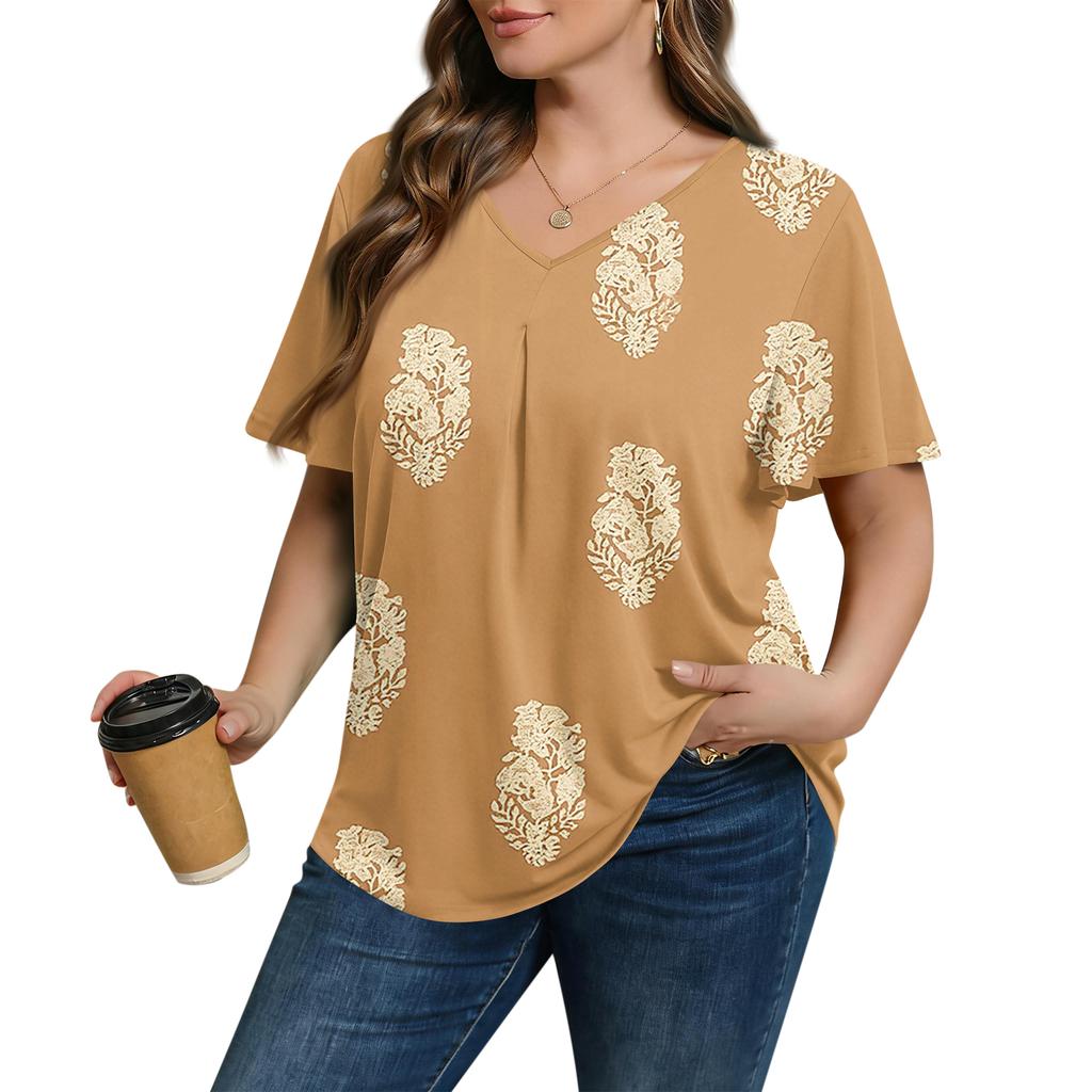 Women's Plus Size Fashionable Casual Loose-Fit Short Sleeve Elegant V Neck Blouse For Work
