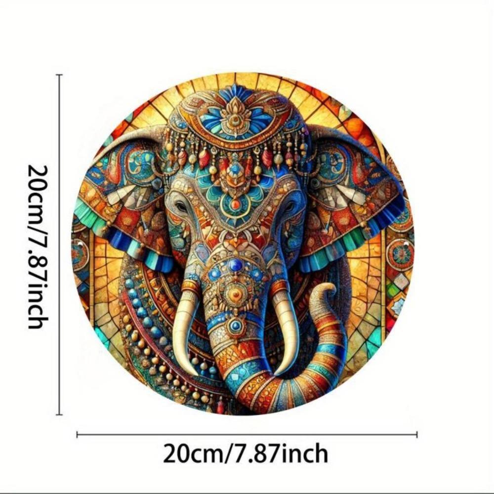 Hisun Tin Sign Vintage Stained Glass Elephant Metal Tin Sign Retro Colorful Bohemian Mandala Elephant with Tribal Ornament Round Wall Art Deco