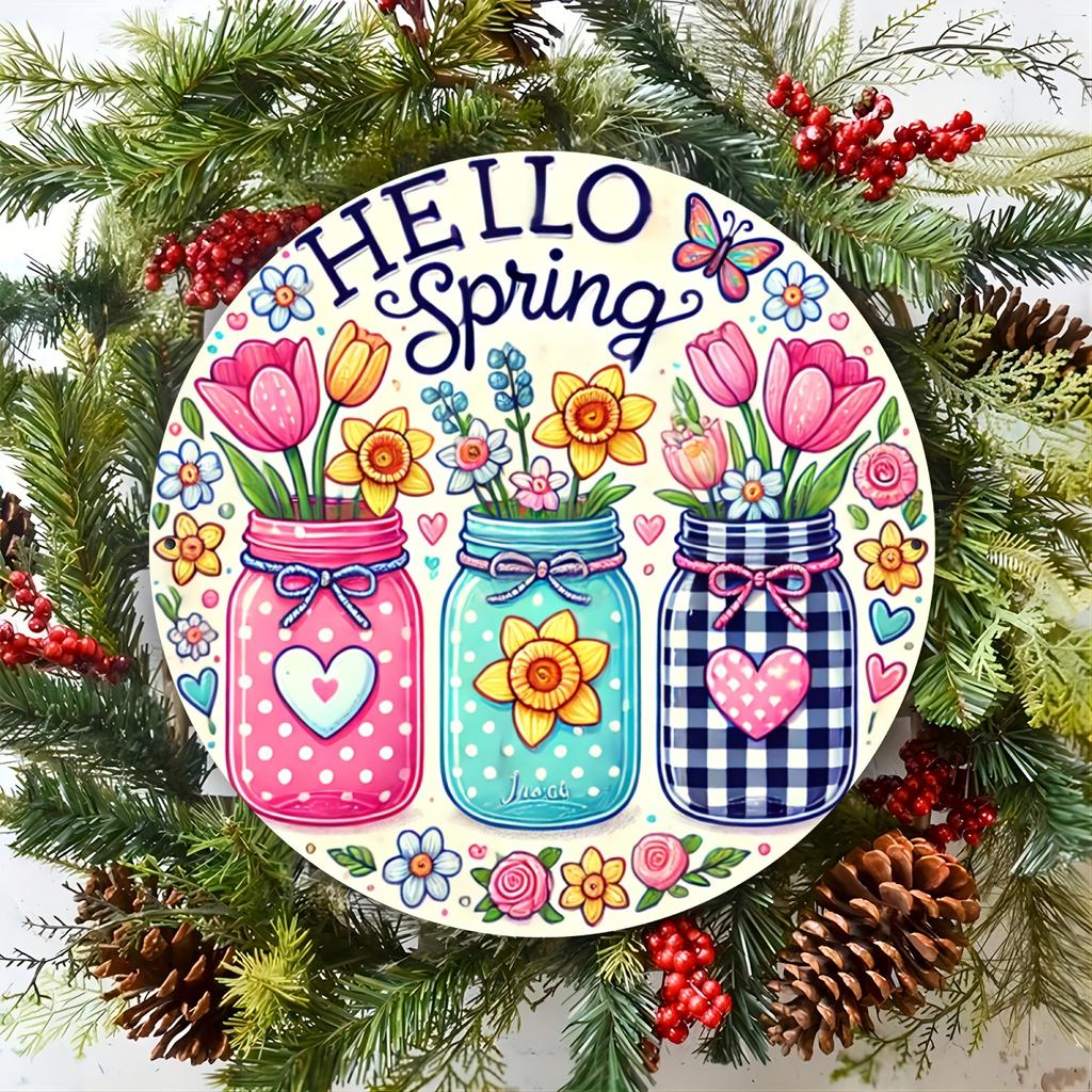 Wooden Vintage Style Hello Spring Round Wood Sign with Tulips, 7.8" Wall Art for Bedroom, Kitchen, Dining, Durable, Easy To Hang, Ideal for Home