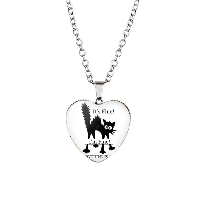 Elegant I'm Fine Everything Is Fine Heart Shaped Pendant Necklace With Adorable Vintage Black Cat Detail Ideal For Everyday Use