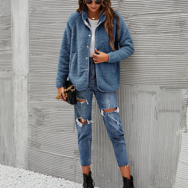 Nuevas chaquetas casuales cálidas de moda para mujer de otoño e invierno, abrigos casuales sueltos de color sólido con bolsillos, blusas de mujer de talla grande