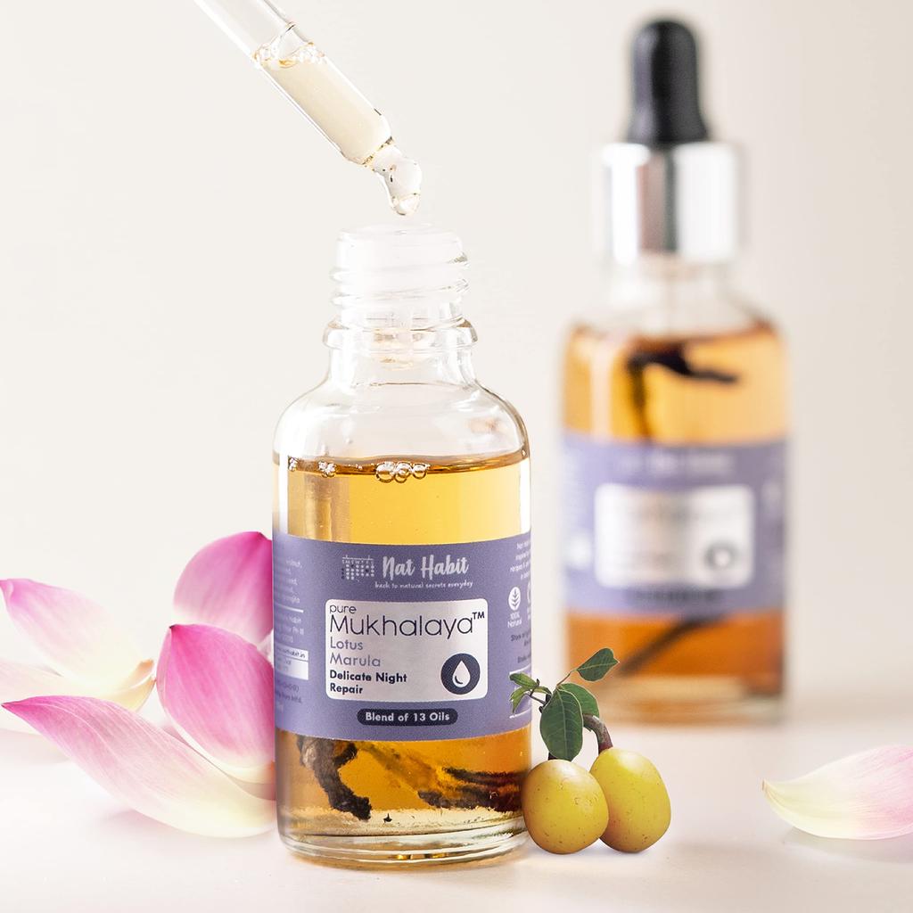Nat Habit Lotus Marula Mukhalaya, Gesichtsöl für Frauen, Nachtheilung und Hautreparatur, mit einer Mischung aus 13 kaltgepressten Ölen, natürliche Gesichtspflege, 15 ml