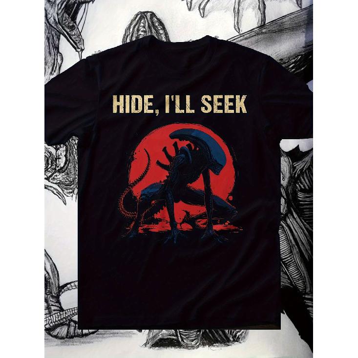 Men s Alien Movie Vintage T-Shirt - Xenomorph Chestburster & Hide I Seek Iconic Print, Soft Casual Sci-Fi Tee with Alien Facehugger Design, Short S чёрный