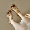 Fashion NEW Summer Women Sandals Split Leather Shoes for Women Square Toe Thick Heel Shoes Csaual Narrow Band Buckle Shoes Flat Sandals