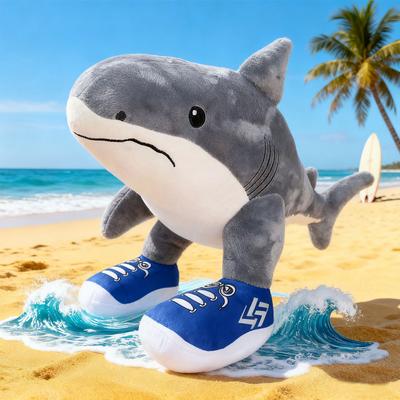 Non-Toxic Shark Plush Toy With Sneakers Cute Grey White Stuffed Animal Shark Wearing Blue Shoes Unique Running Shark Plushie For Kids