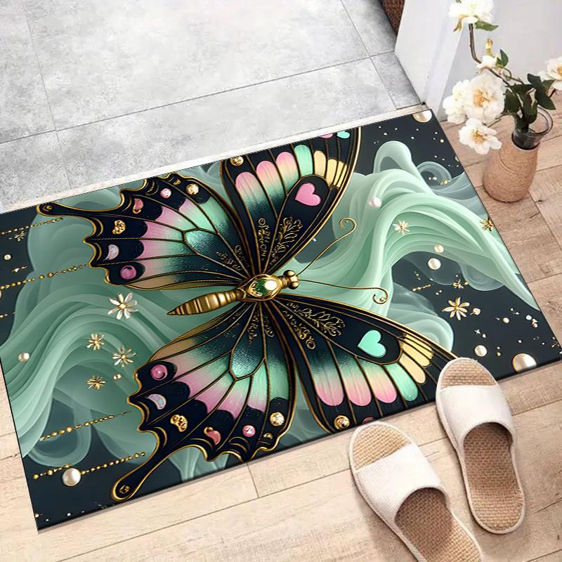 

Crystal Velvet Green Butterfly Printed Area Rug for Bedroom, Living Room, And Home Office Decoration, Stylish Mat for Bedside A35 60cm x 90cm