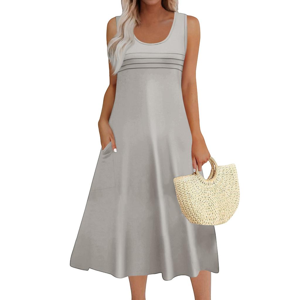 Women's Fashion Round Neck Sleeveless Pleated Beach Dress With Pockets Long Solid Color Dresses