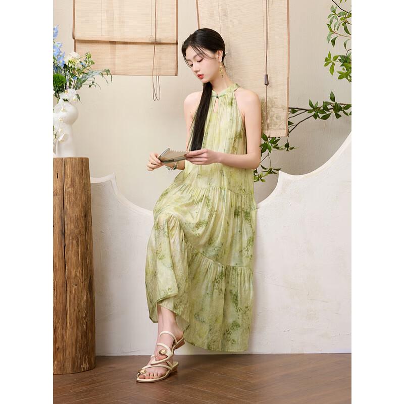 Sancai New Chinese Style Halter Neck Floral Maxi Dress