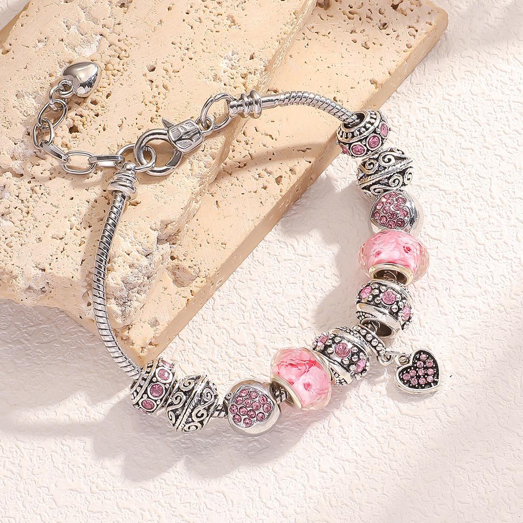 Women All Match Pink Crystal Love Heart Glass Beads Bracelet