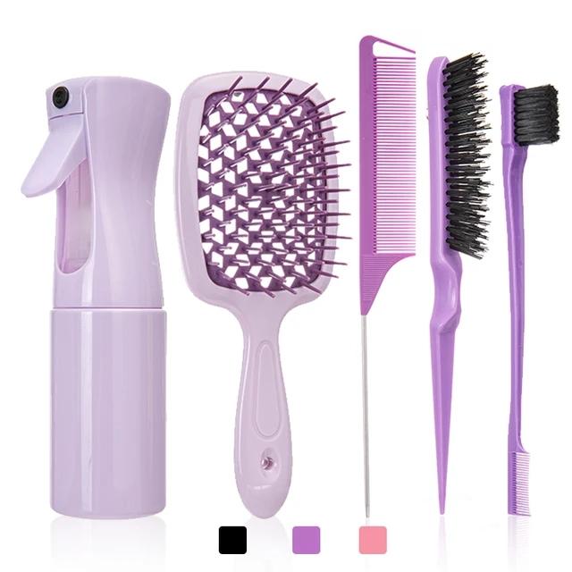 5pcs Hair Tool Set Air Cushion Hollow Comb Scalp Massage Rat Tail Comb Teasing Comb Edge Control Brush Hair Spray Bottle Salon