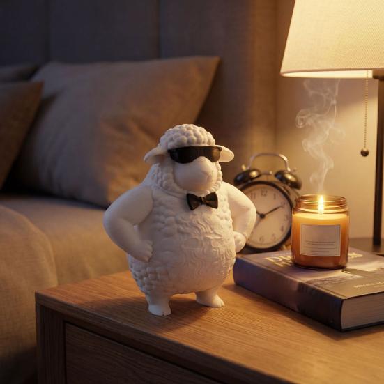 Cute Cool Sheep Figurine 3D Printed Small Lamb with Sunglasses And Bow Necktie Novelty Animal Sculpture for Home Office Desk Decor
