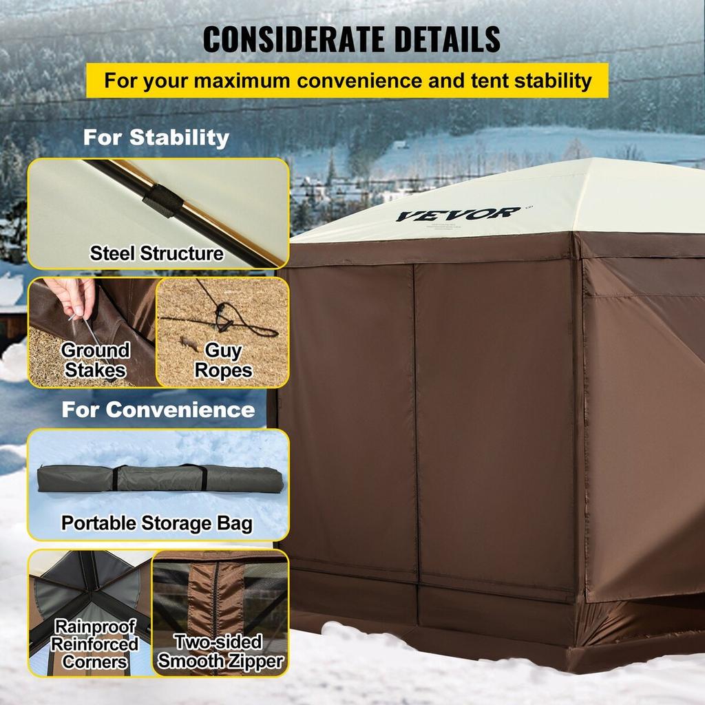 Pop-up Camping Gazebo Camping Canopy Shelter 6 Sided 12' x 12' Sun Shade