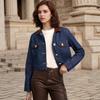 Women Denim Crop Jacket Leather Collar Gold Buttons Chest Pockets Vintage Western Trucker Coat