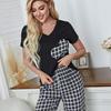 Summer Sleeping Suit for Women 2 Pieces Pajamas Set V Neck Short Sleeves Heart Printed Shirts and Plaid Long Pants Leisure Home Wear Nighty