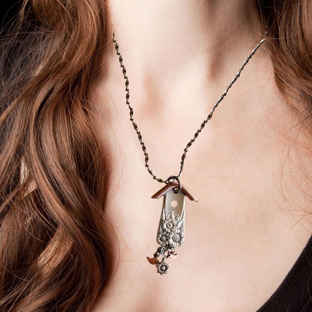 Birdhouse Necklace, 1951 Magnolia Silverware Pendant, Vintage Handmade Spoon Necklace For Bird Lovers And Jewelry Collectors